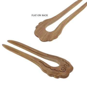 CrystalMood Carved Rosewood 2-Prong Flat Back Hair Stick Fork Cloud